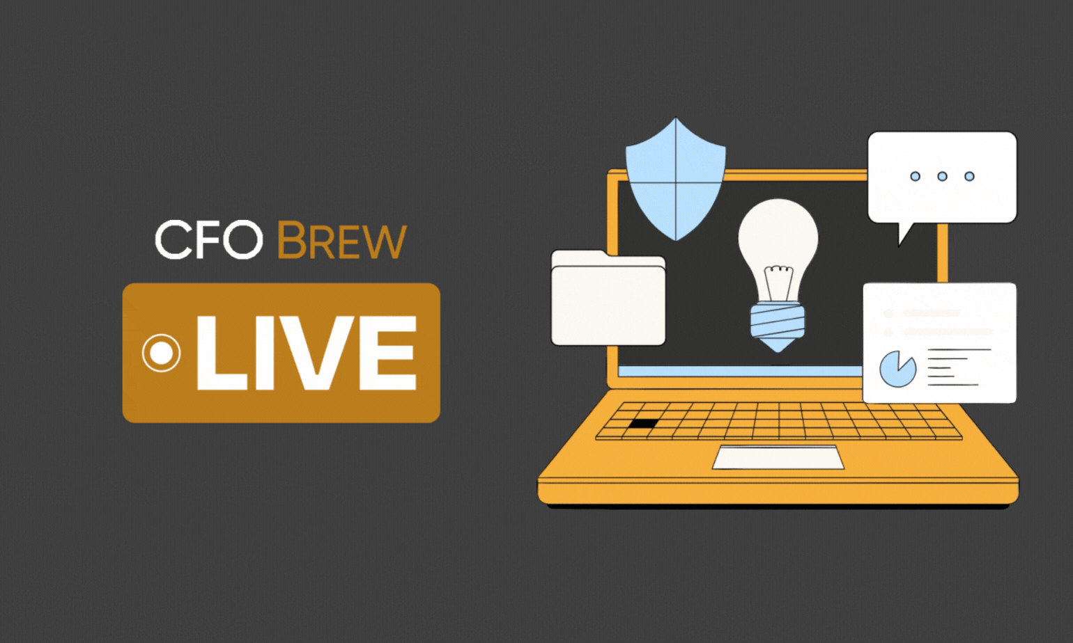 CFO Brew Live logo next to an animated illustration of a laptop with they keys typing surrounded by icons