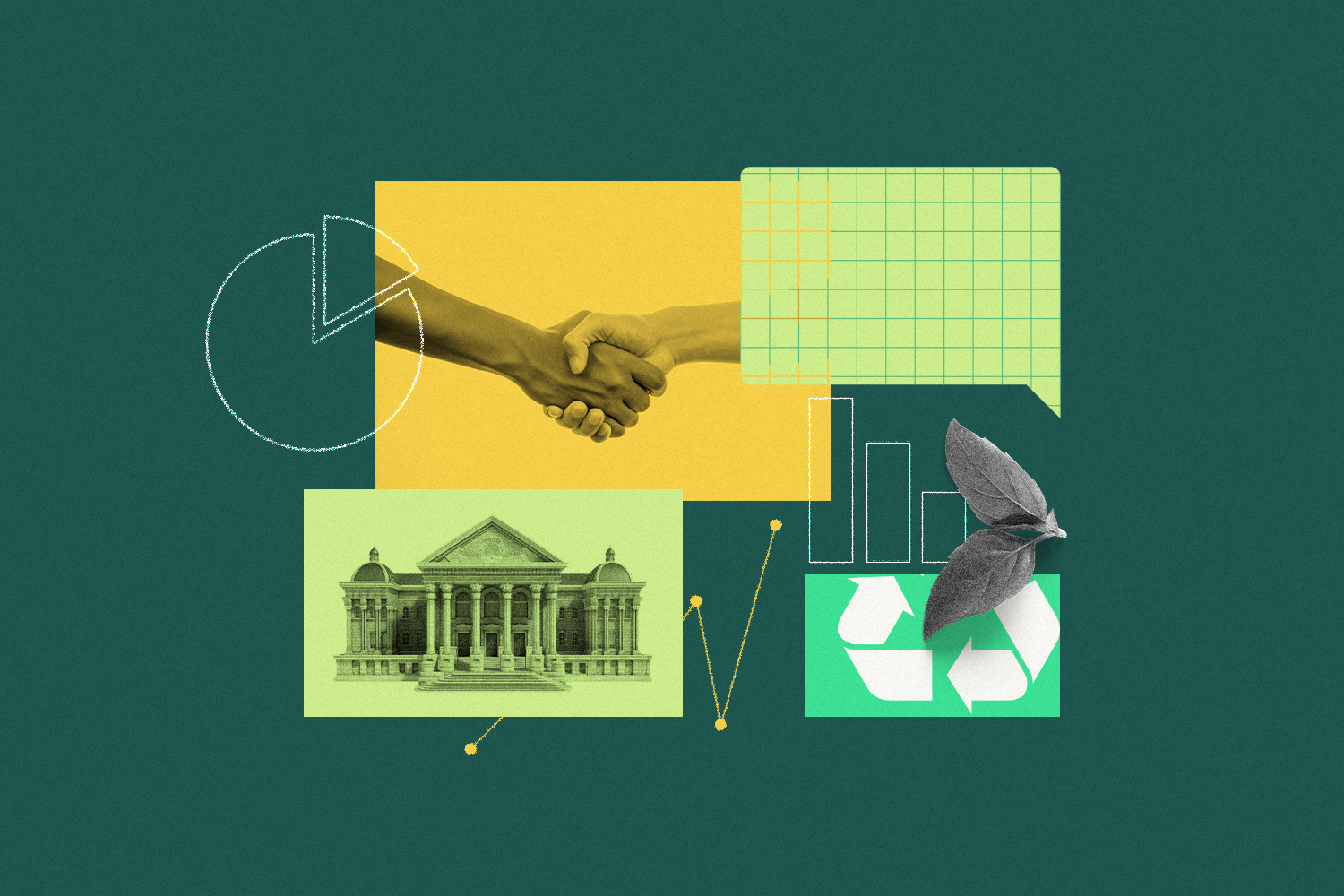 Two hands shaking in embrace, a government building, and two leaves next to a recycling logo surrounded by chart graphics