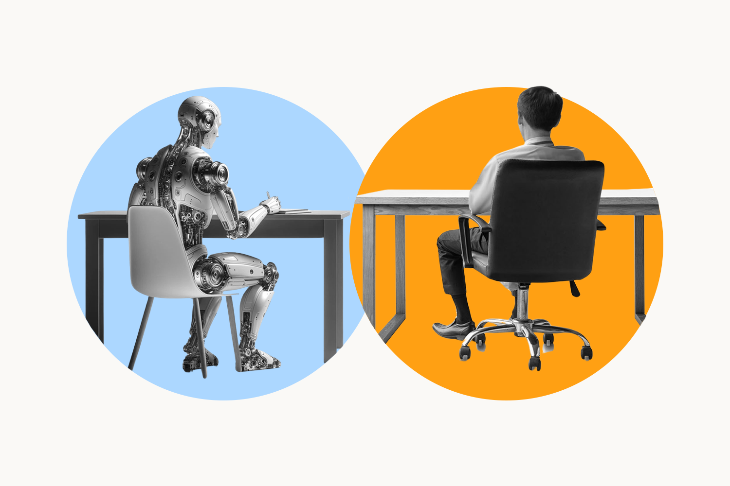 An AI robot sitting at an office desk next to a businessman sitting at another office desk