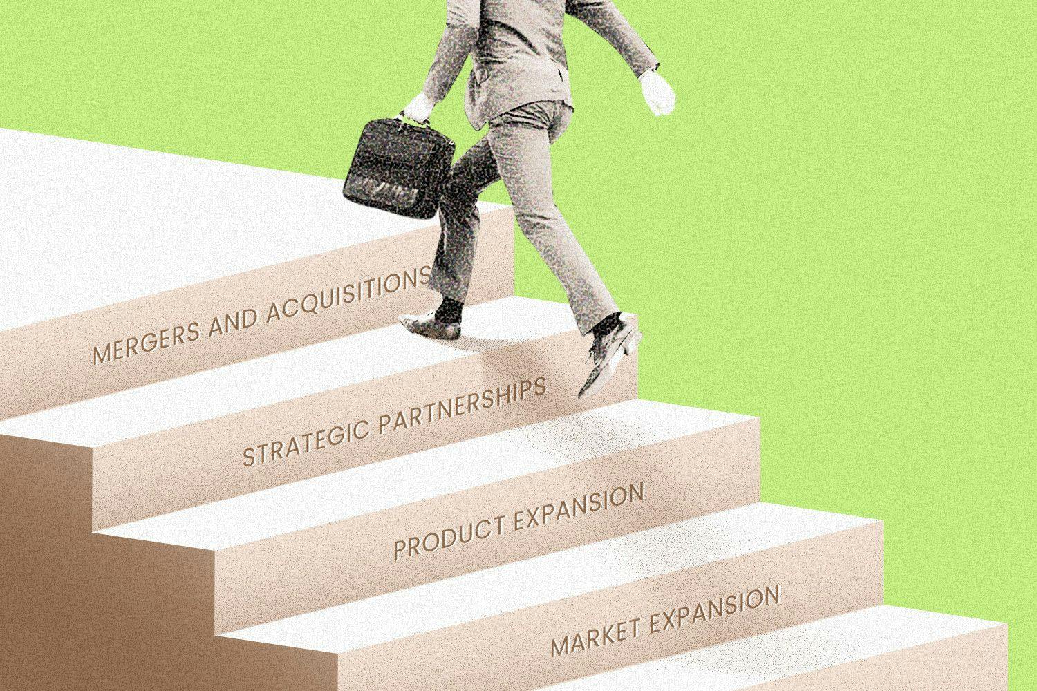 A businessman walking up steps labeled "Mergers and Acquisitions, Strategic Partnerships, Product Expansion, and Market Expansion"