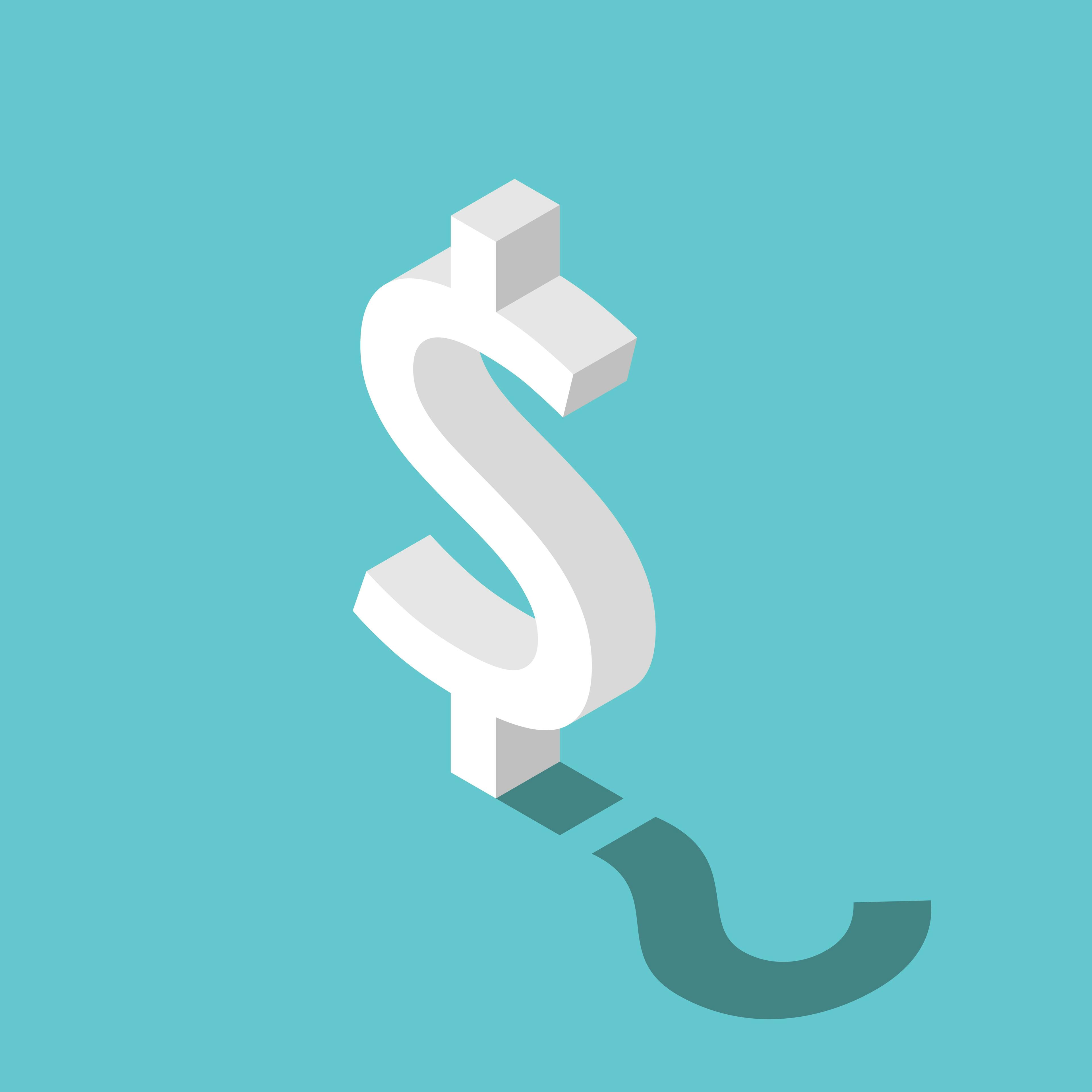 White dollar sign with a dollar sign shadow underneath on a turqoise blue background